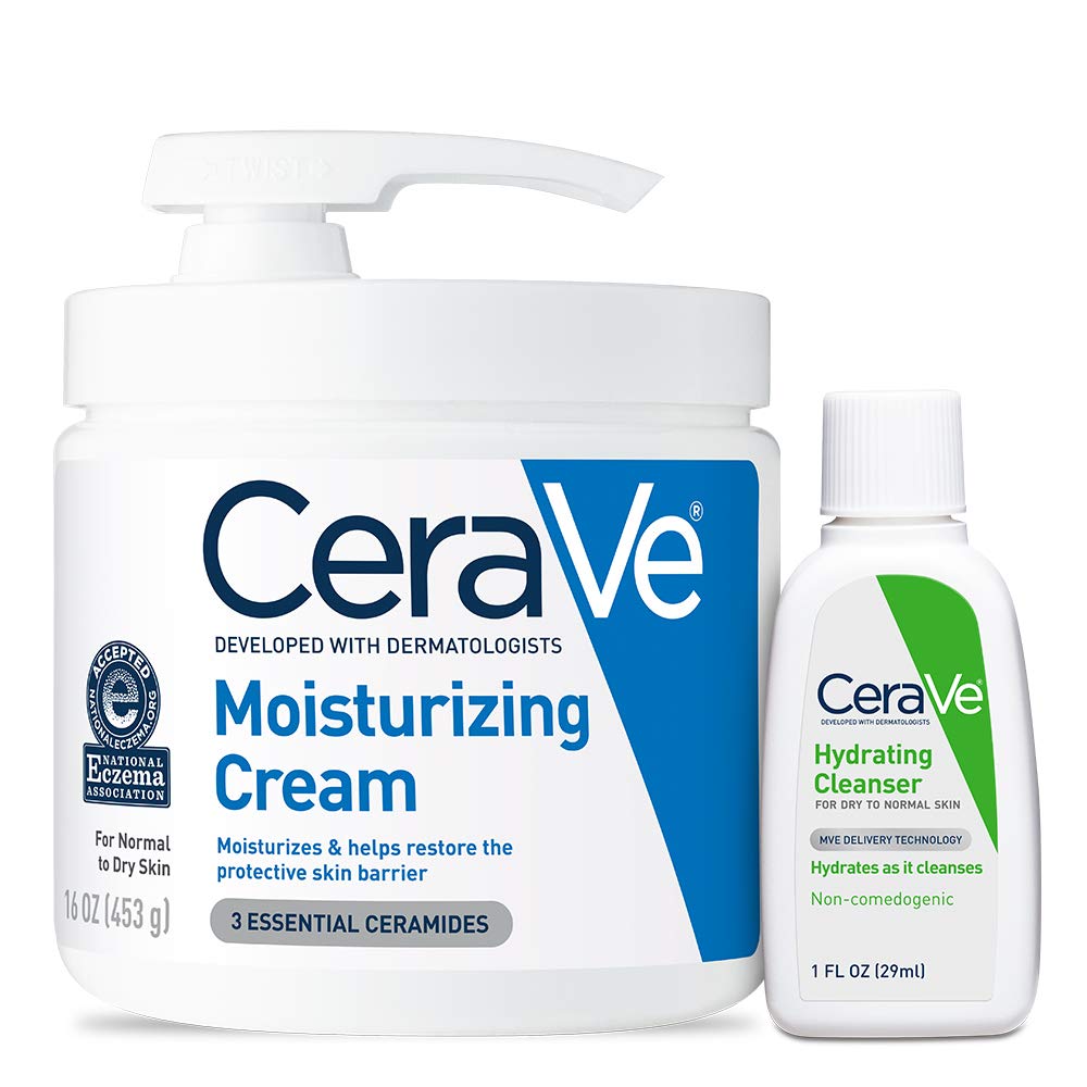 CeraVe Moisturizing Cream and Hydrating Face Wash Trial Combo | 12oz Cream + 3oz Travel Size Cleanser