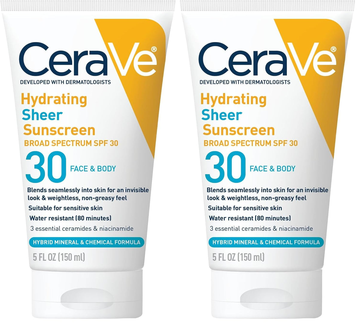 CeraVe Hydrating Sheer Sunscreen with SPF 30 for Face and Body.Mineral&Chemical Sunscreen for Men&Women with Zinc Oxide.Hyaluronic Acid and Ceramides.Paraben-Free + Fragrance-Free.5 Ounces.(Pack of 2)