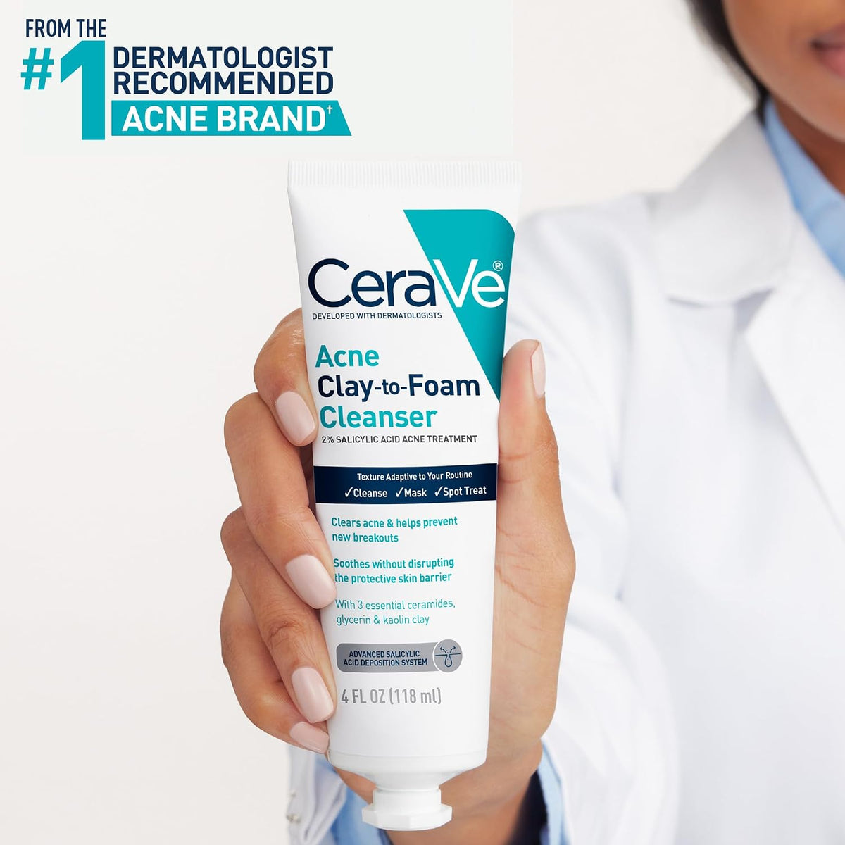 CeraVe Clay to Foam Acne Face Wash. Salicylic Acid Spot Treatment. 4 Oz | 3-In-1 Kaolin Clay Mask and Foaming Facial Cleanser with Glycerin and Ceramides Acts As a Blackhead Remover To Clear Acne
